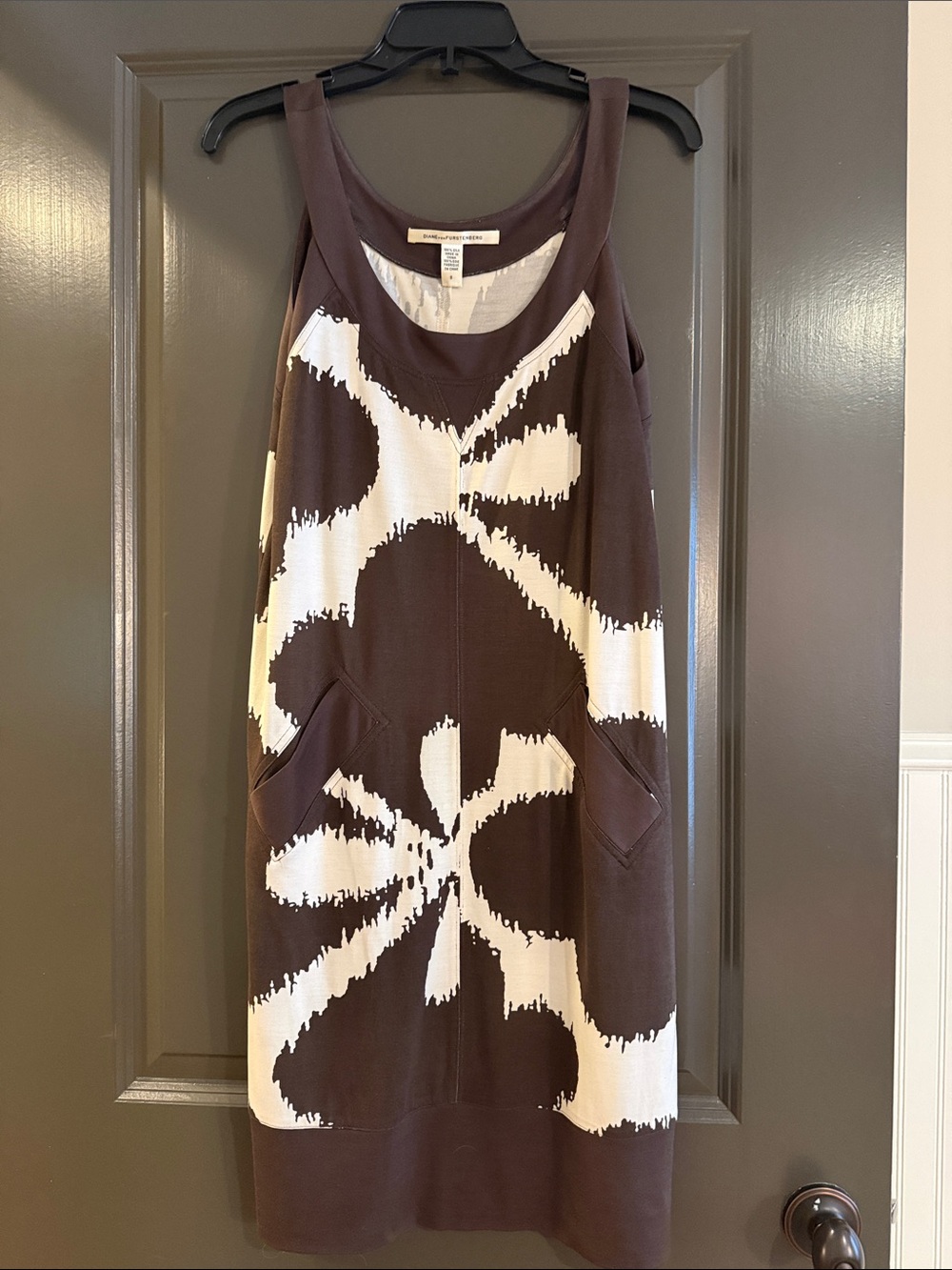 Diane Von Furstenberg Brown and White Printed Tank Mini Dress